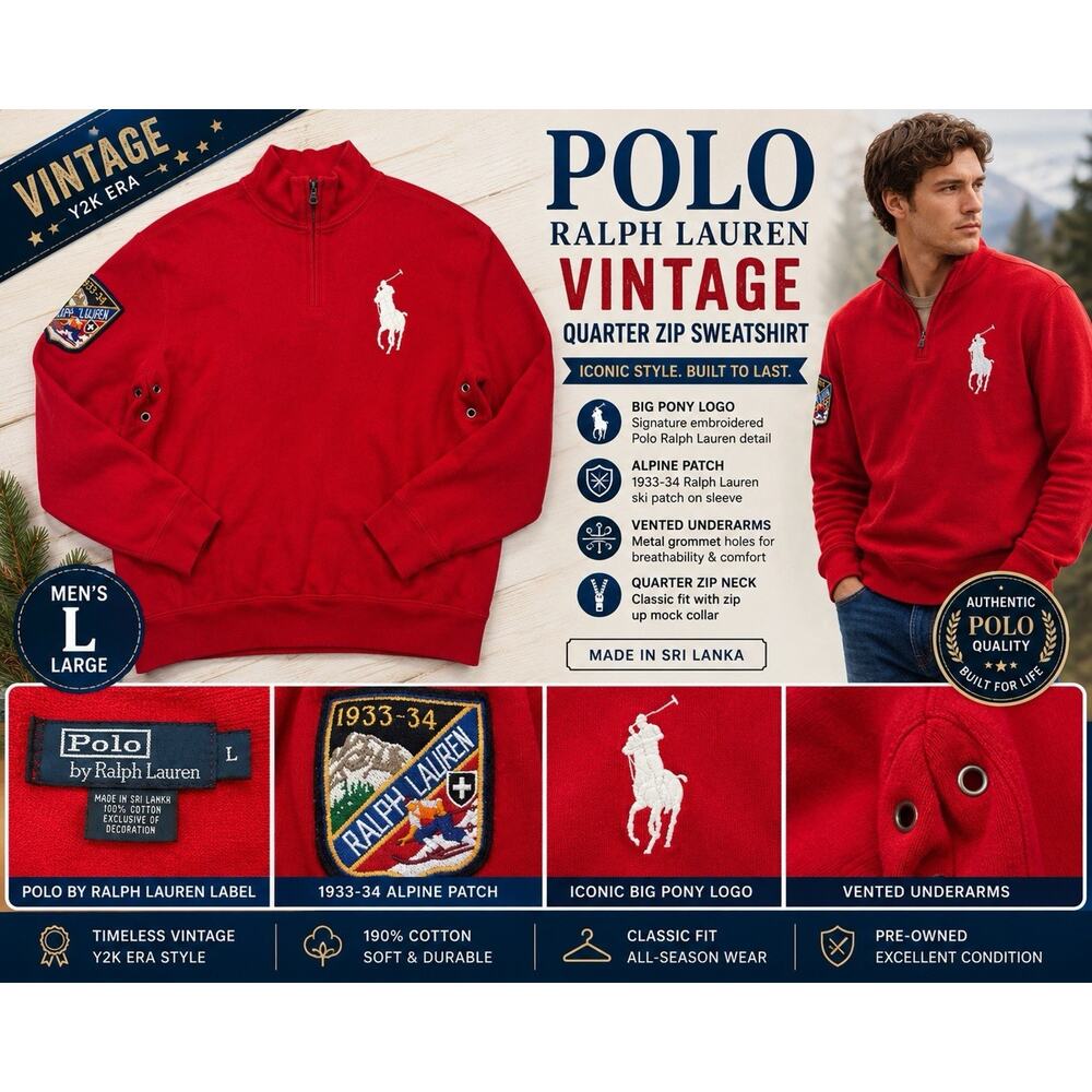 Polo Ralph Lauren Vintage Quarter Zip Sweatshirt Men’s Large Red Big Pony